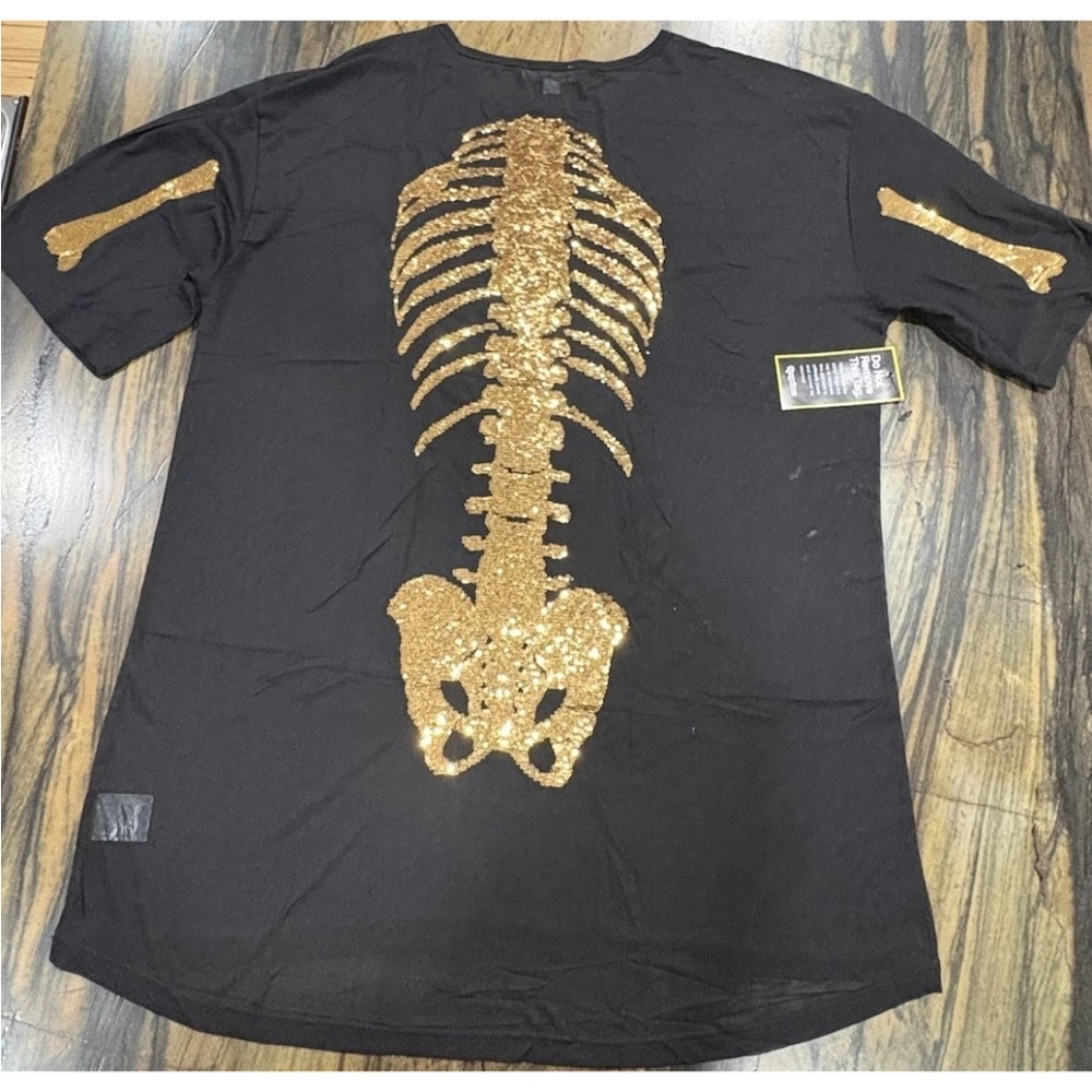 Tipsy Elves Black Sheer Mini Dress with Gold Sequin Skeleton - Picture 7 of 7